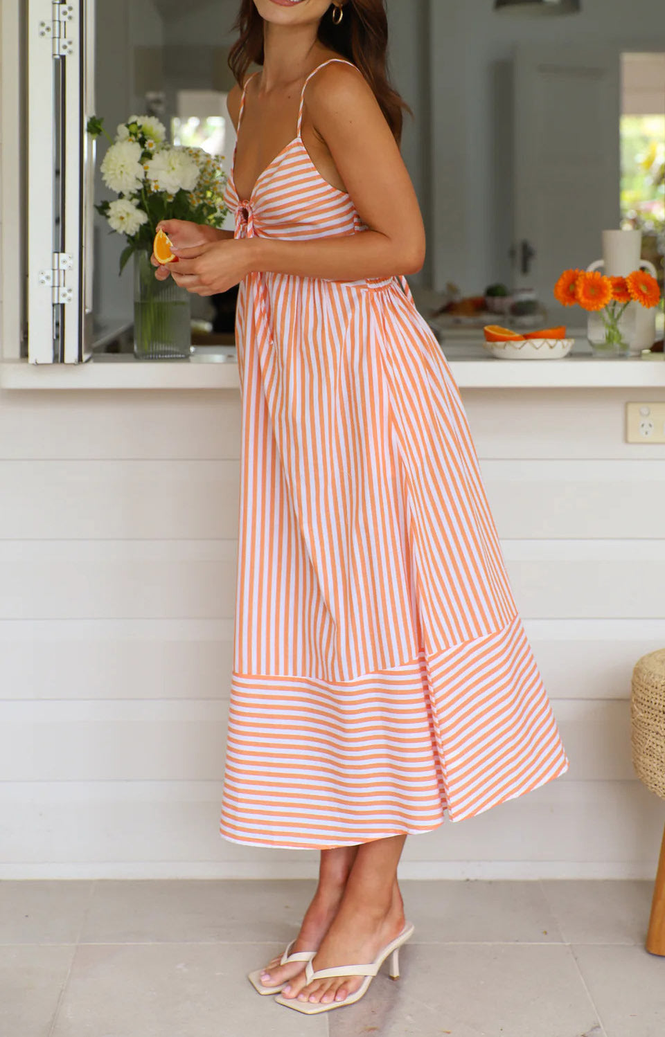 Twist Front Striped Cami Midi Dress - Pink - 2