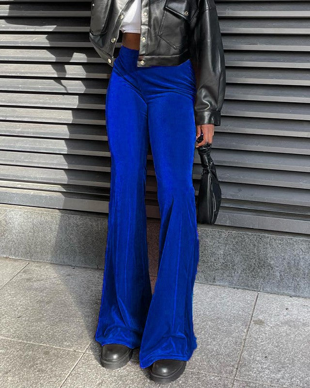 Velvet High Waist Flare Trousers - Blue