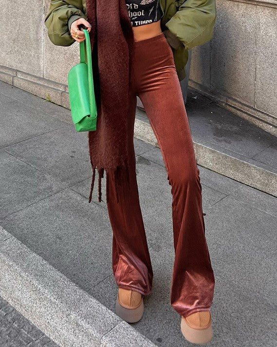 Velvet High Waist Flare Trousers - Brown