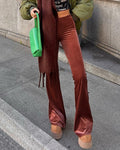 Velvet High Waist Flare Trousers - Brown