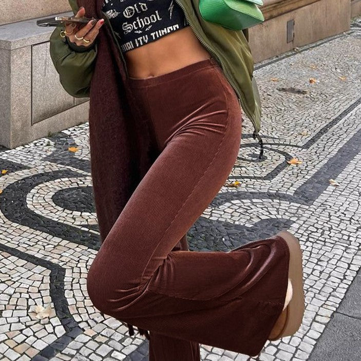 Velvet High Waist Flare Trousers - Brown - 3