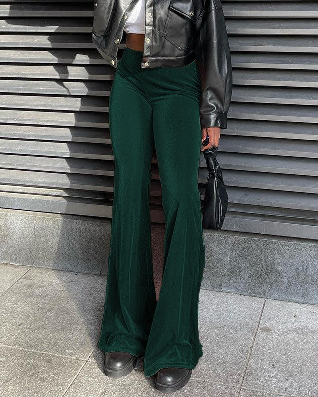 Velvet High Waist Flare Trousers - DarkGreen
