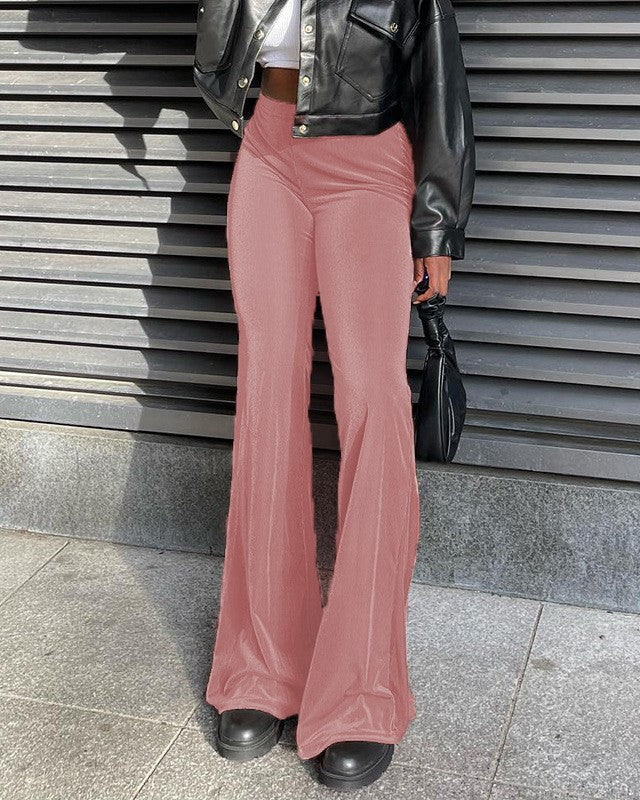 Velvet High Waist Flare Trousers - Pink