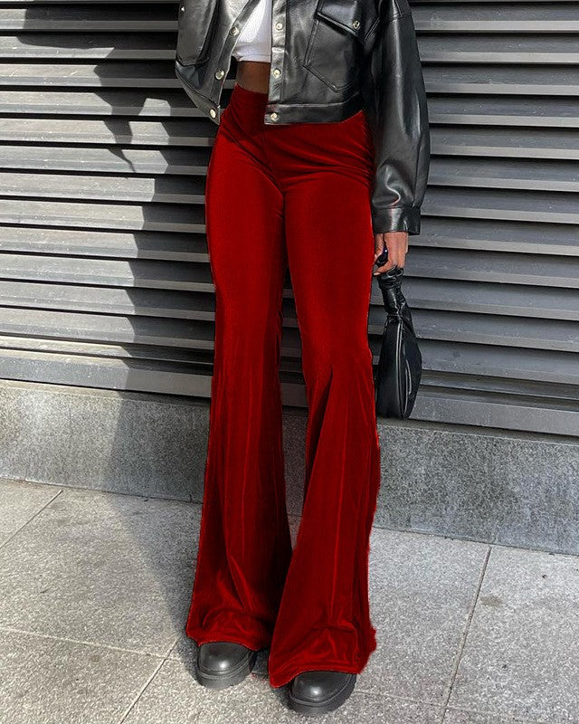 Velvet High Waist Flare Trousers - WineRed