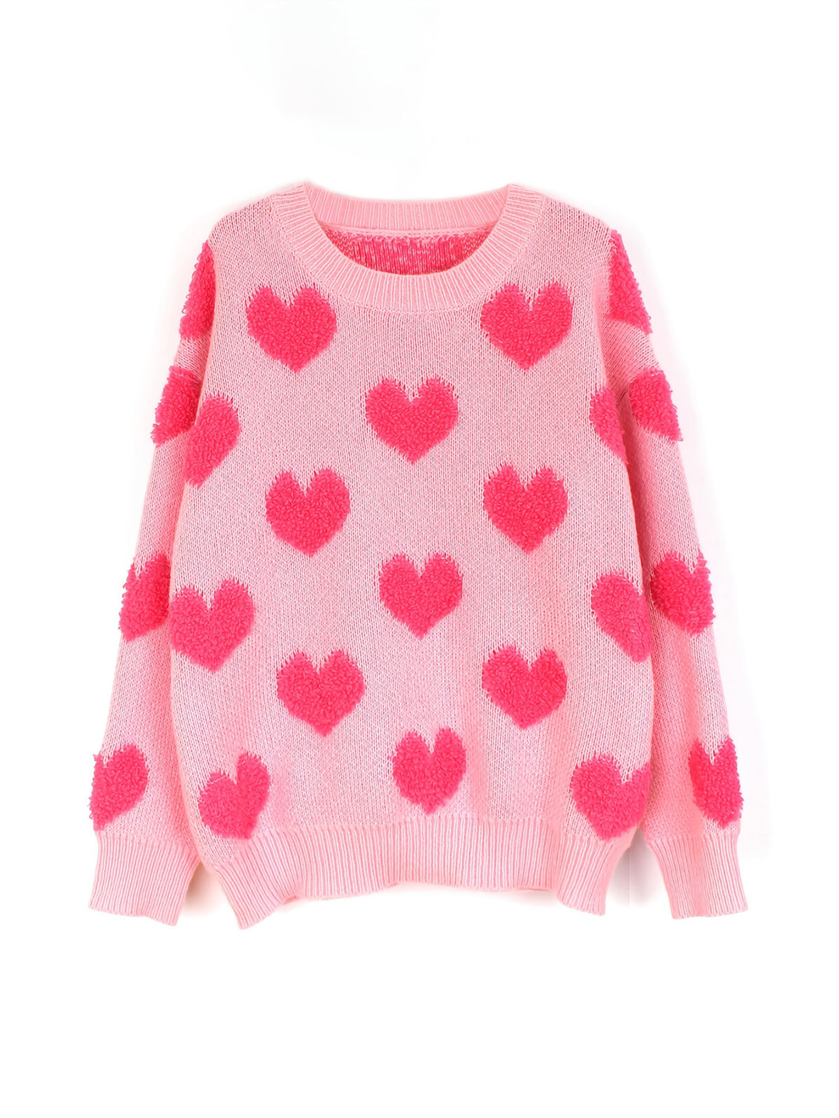 Fuzzy Heart Pattern Knit Sweater - Pink