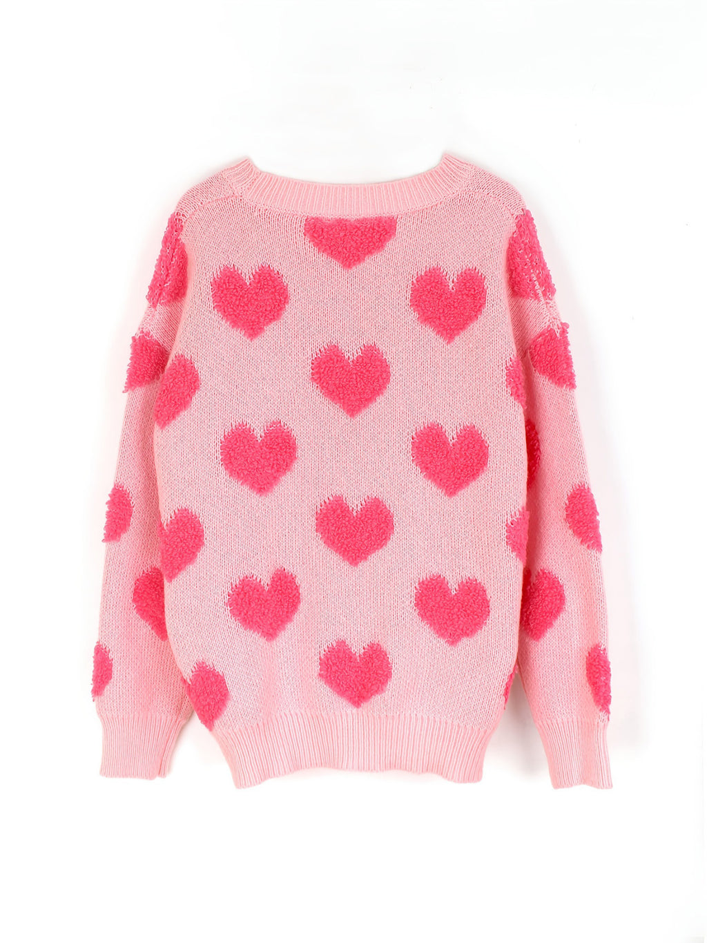 Fuzzy Heart Pattern Knit Sweater - Pink - 1