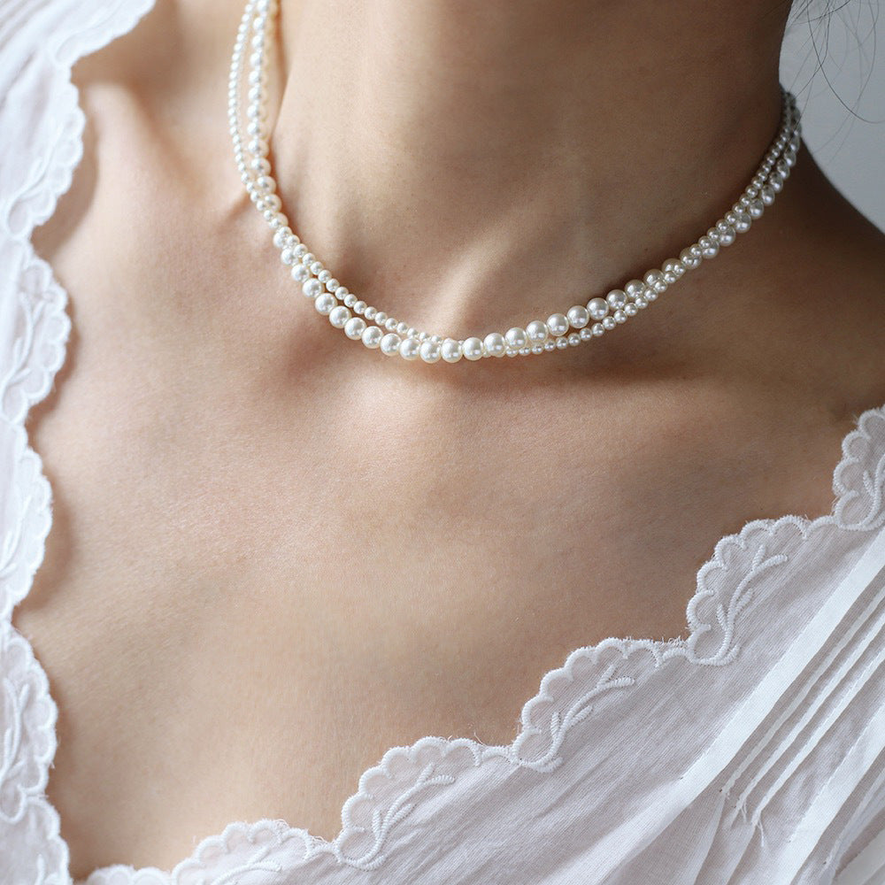 Twisted Glass Pearl Double Strand Necklace - Beige - 4