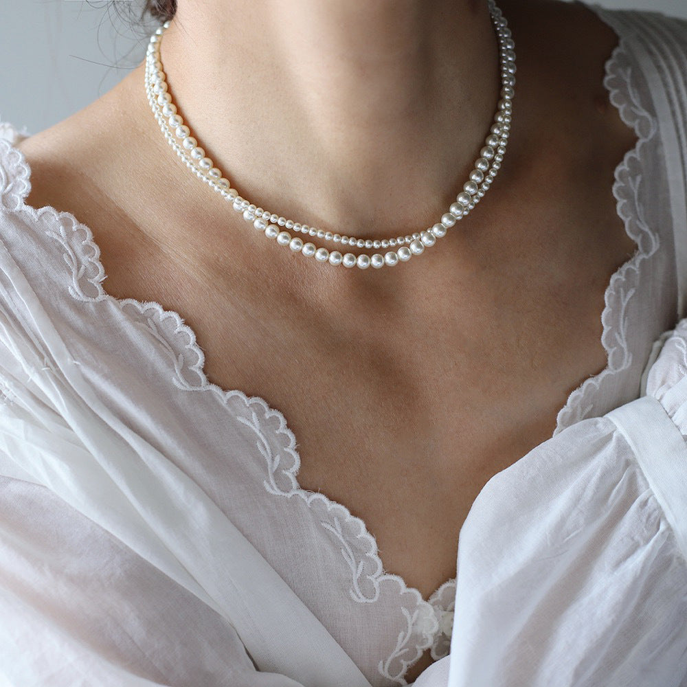 Twisted Glass Pearl Double Strand Necklace - Beige - 5