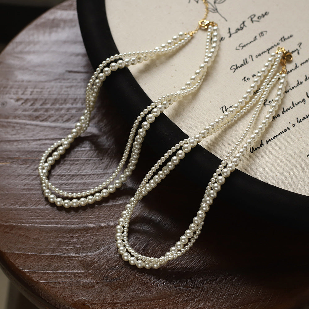 Twisted Glass Pearl Double Strand Necklace - Beige - 8