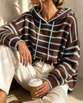 Grid Stripe Hooded Knit Sweater with Drawstring - Brown