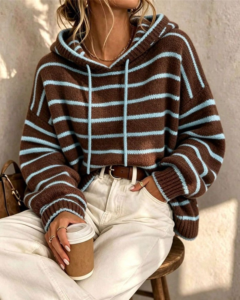 Grid Stripe Hooded Knit Sweater with Drawstring - Brown - 1
