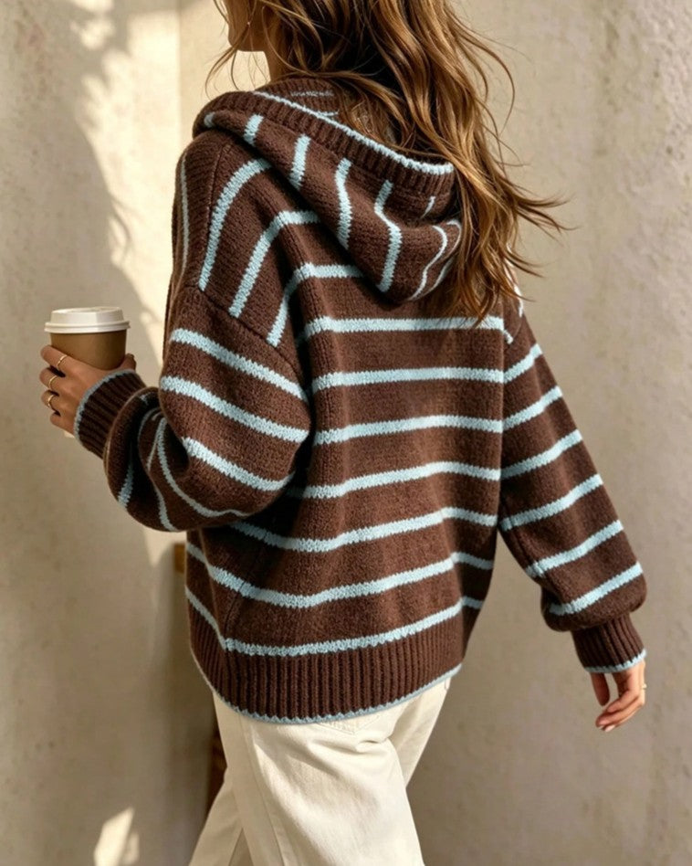 Grid Stripe Hooded Knit Sweater with Drawstring - Brown - 2