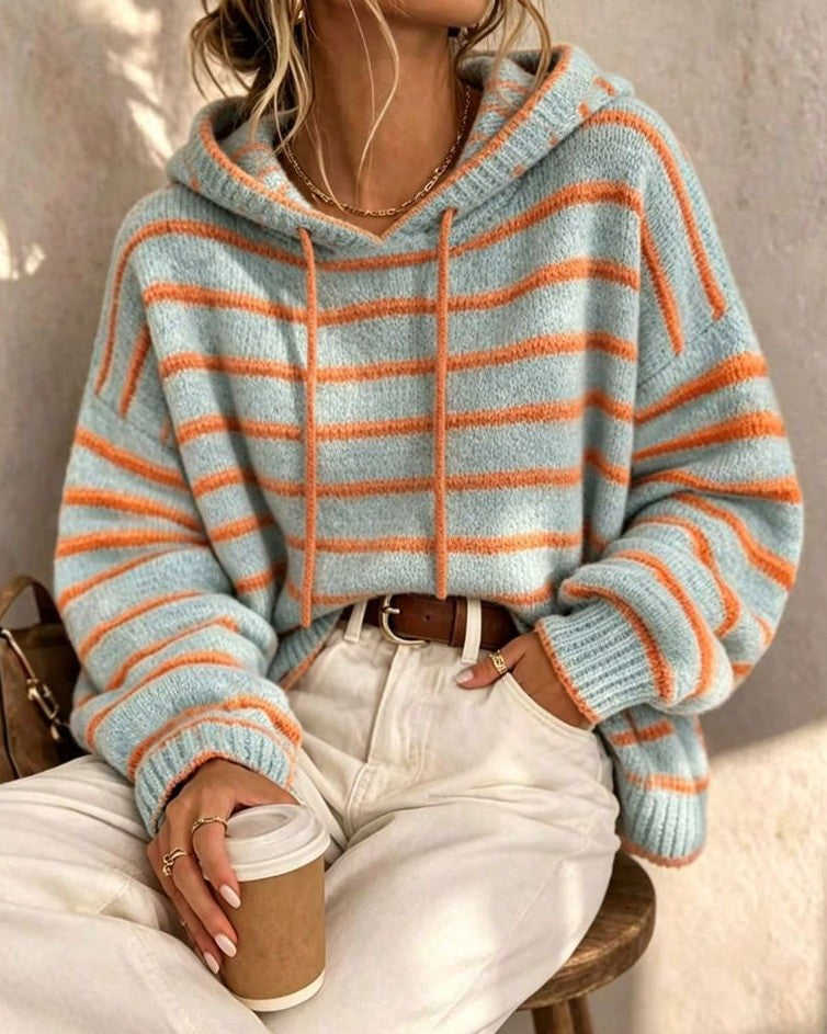 Grid Stripe Hooded Knit Sweater with Drawstring - Light_Blue