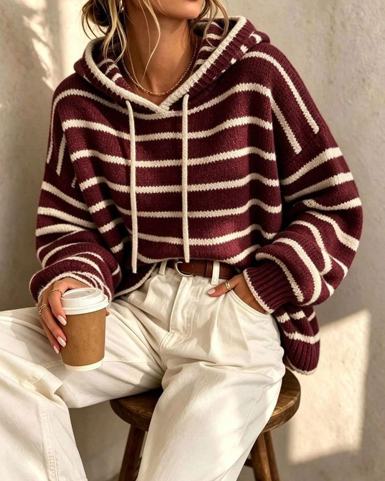 Grid Stripe Hooded Knit Sweater with Drawstring - Wine_Red