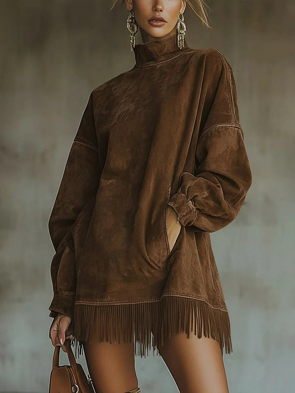 Fringe Hem Mock Neck Oversized Mini Dress - Coffee
