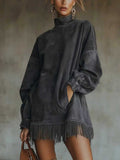 Fringe Hem Mock Neck Oversized Mini Dress - DarkGray