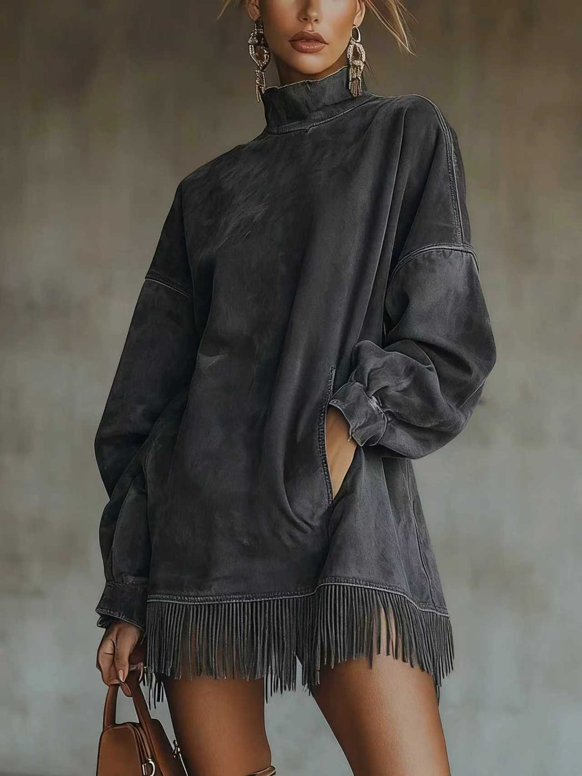 Fringe Hem Mock Neck Oversized Mini Dress - DarkGray