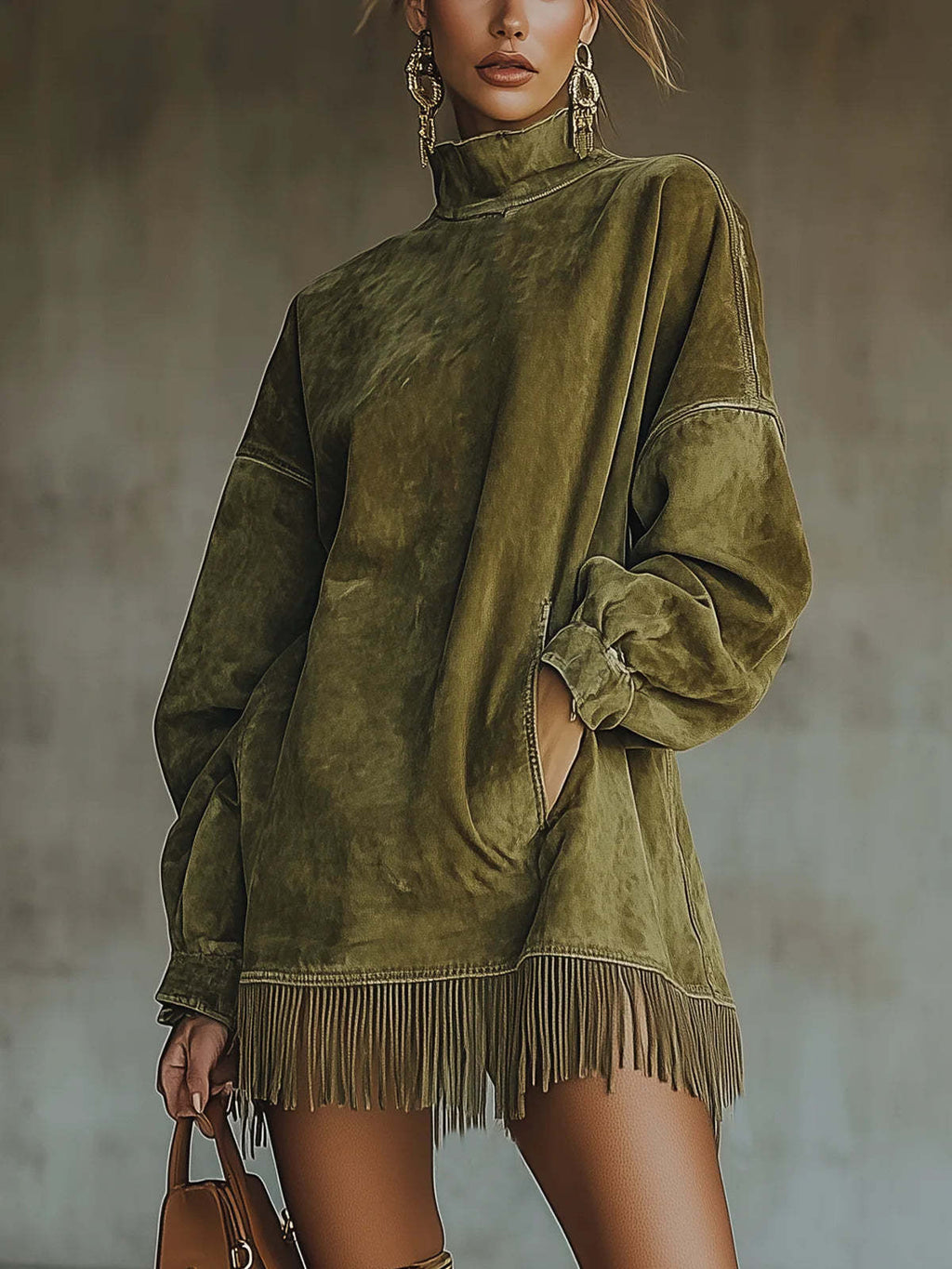 Fringe Hem Mock Neck Oversized Mini Dress - Green