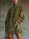 Fringe Hem Mock Neck Oversized Mini Dress - Green