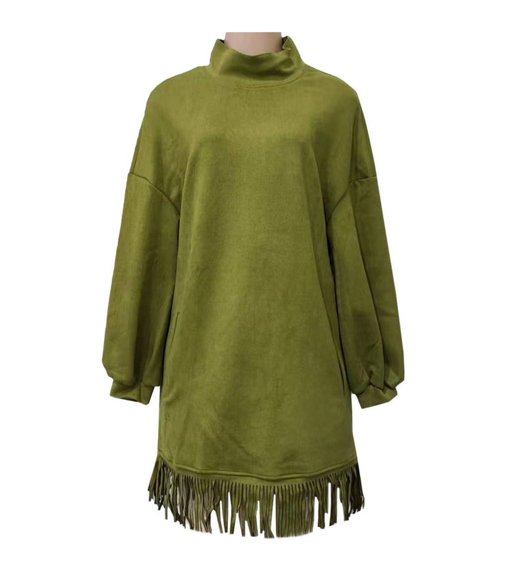 Fringe Hem Mock Neck Oversized Mini Dress