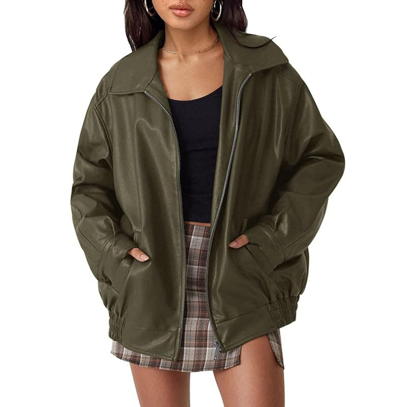 Oversized Faux Leather Zip Bomber Jacket - ArmyGreen