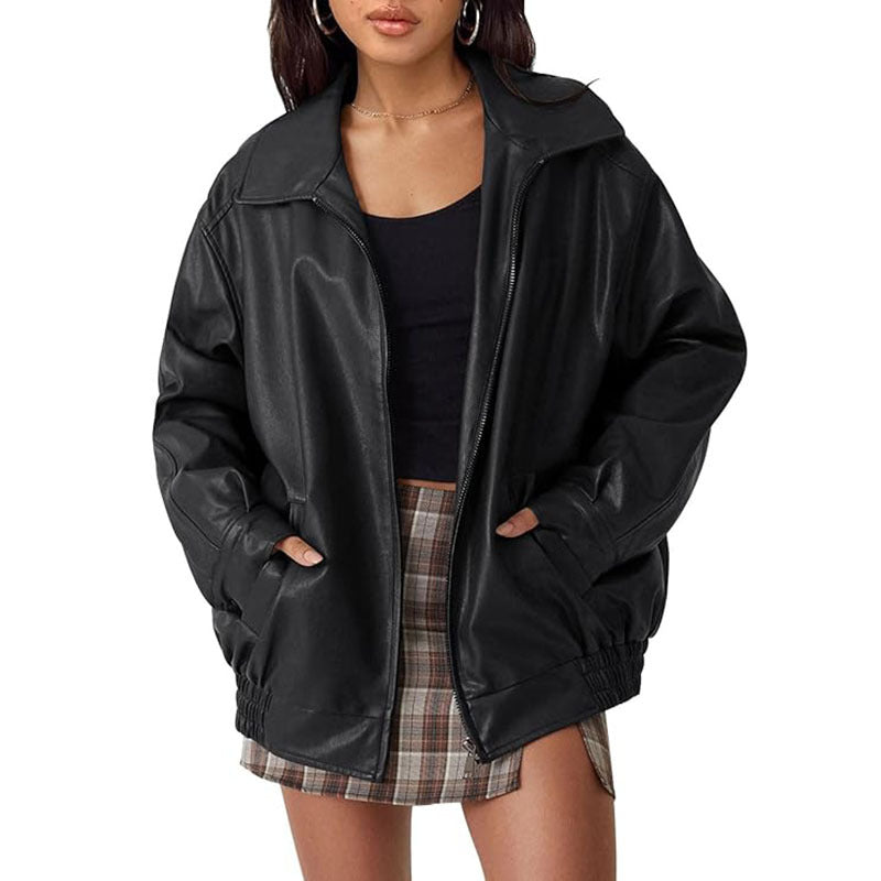 Oversized Faux Leather Zip Bomber Jacket - Black