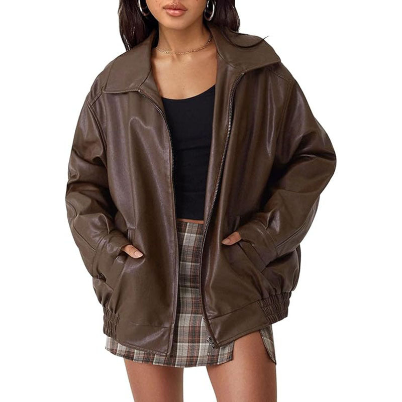 Oversized Faux Leather Zip Bomber Jacket - Brown