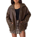 Oversized Faux Leather Zip Bomber Jacket - Brown