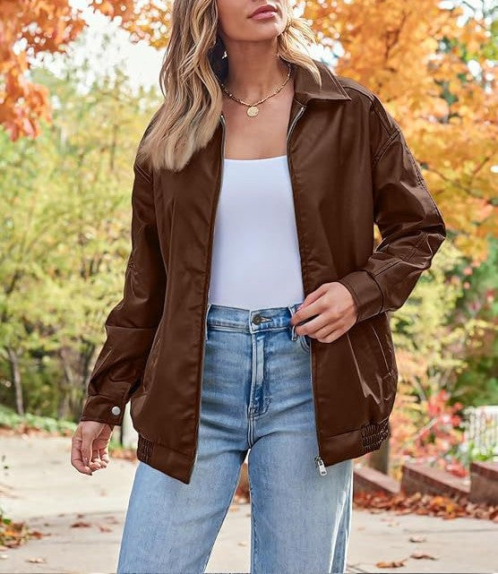 Oversized Faux Leather Zip Bomber Jacket