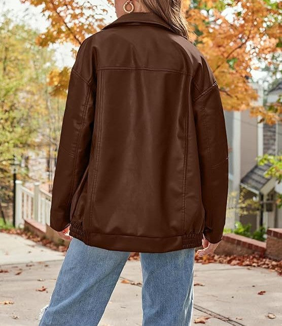 Oversized Faux Leather Zip Bomber Jacket - view 1