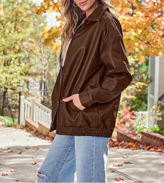 Oversized Faux Leather Zip Bomber Jacket - view 2