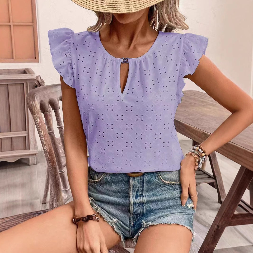 Eyelet Ruffle Sleeve Keyhole Top - Purple