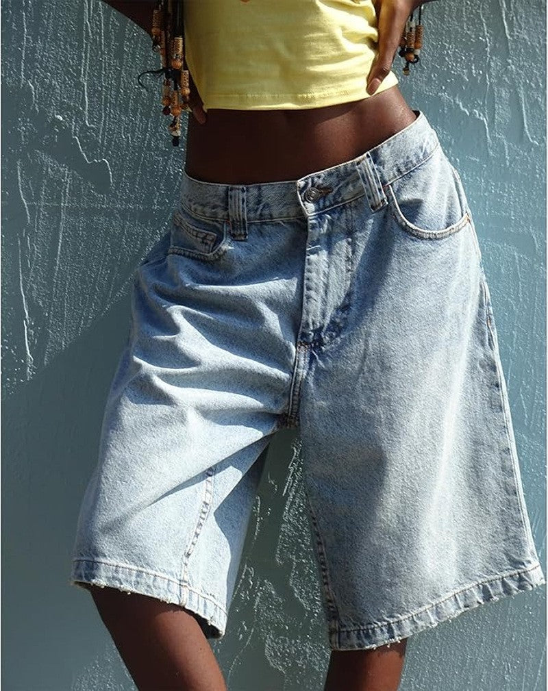 Washed Denim High Waist Wide Leg Bermuda Shorts - Light Blue