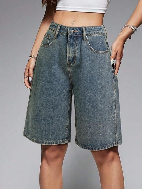 Washed Denim High Waist Wide Leg Bermuda Shorts - Mid Blue