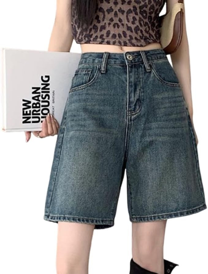 Washed Denim High Waist Wide Leg Bermuda Shorts - Vintage Blue