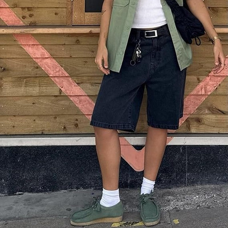 Washed Denim High Waist Wide Leg Bermuda Shorts - Washed Black