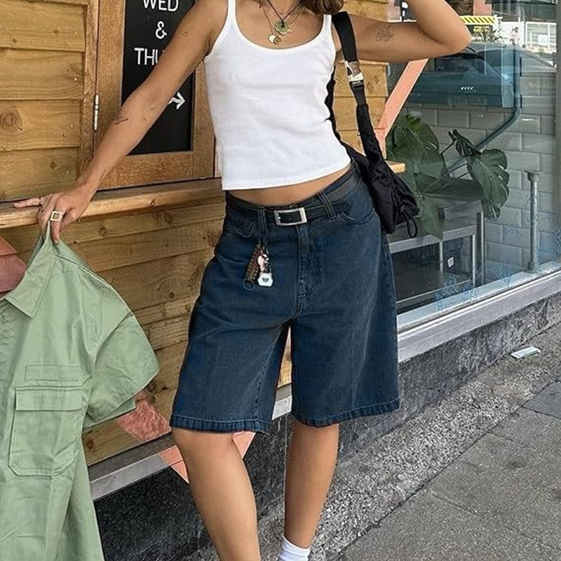 Washed Denim High Waist Wide Leg Bermuda Shorts