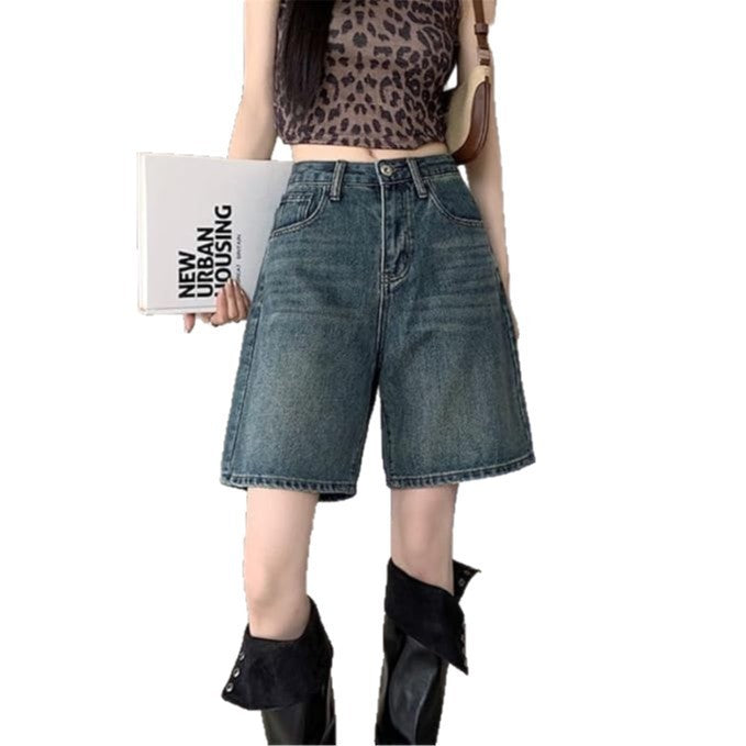 Washed Denim High Waist Wide Leg Bermuda Shorts