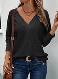 Eyelet Knit V Neck Long Sleeve Blouse - Black