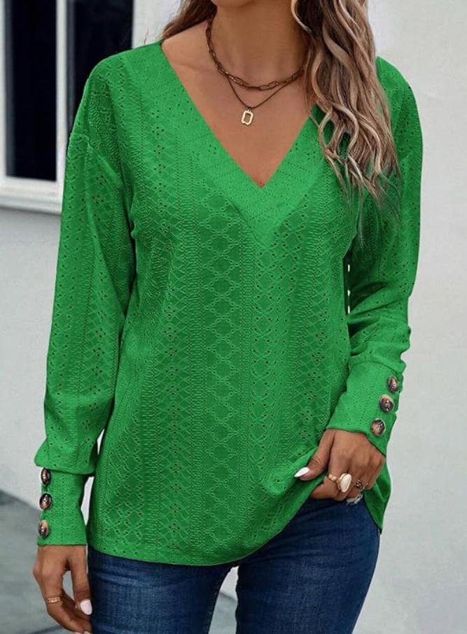 Eyelet Knit V Neck Long Sleeve Blouse - Green - 1
