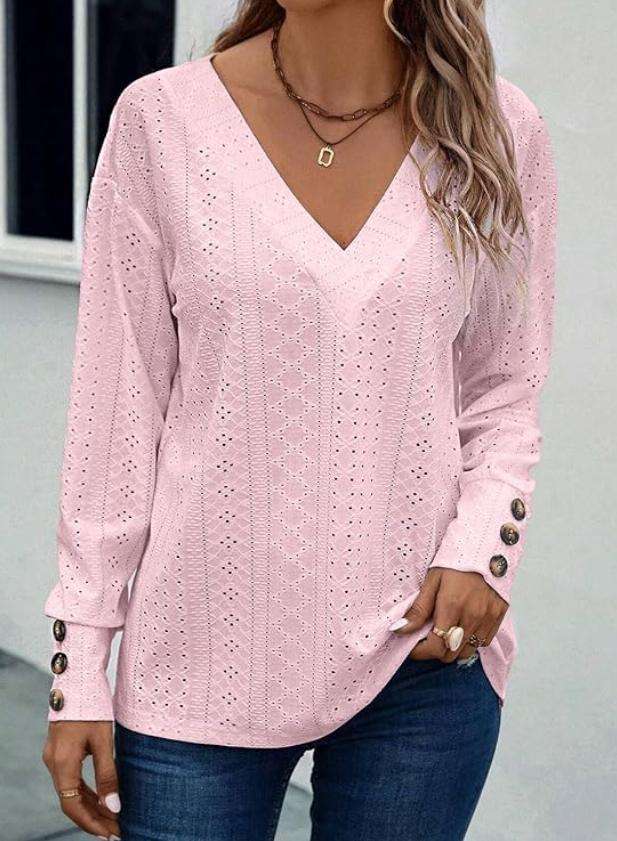 Eyelet Knit V Neck Long Sleeve Blouse - Pink