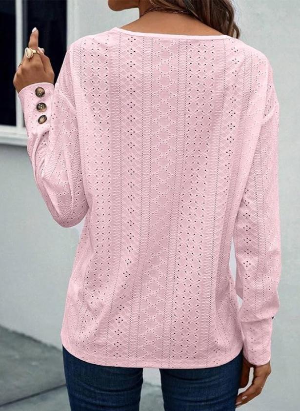 Eyelet Knit V Neck Long Sleeve Blouse - Pink - 1