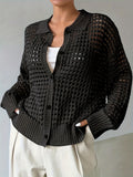 Oversized Openwork Button Up Knit Top - black