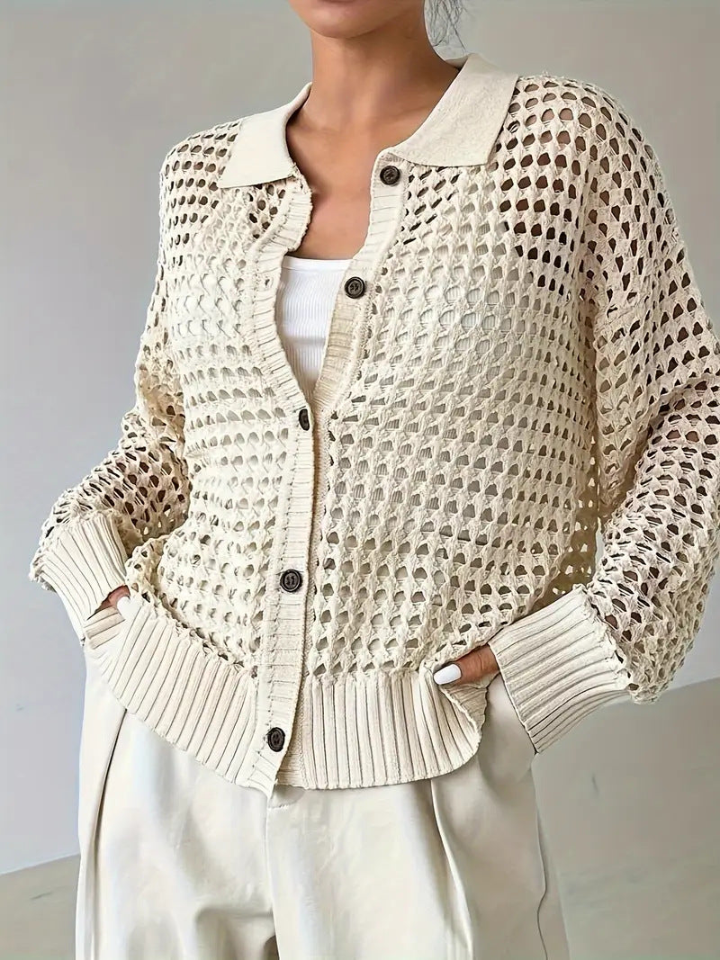 Oversized Openwork Button Up Knit Top - white