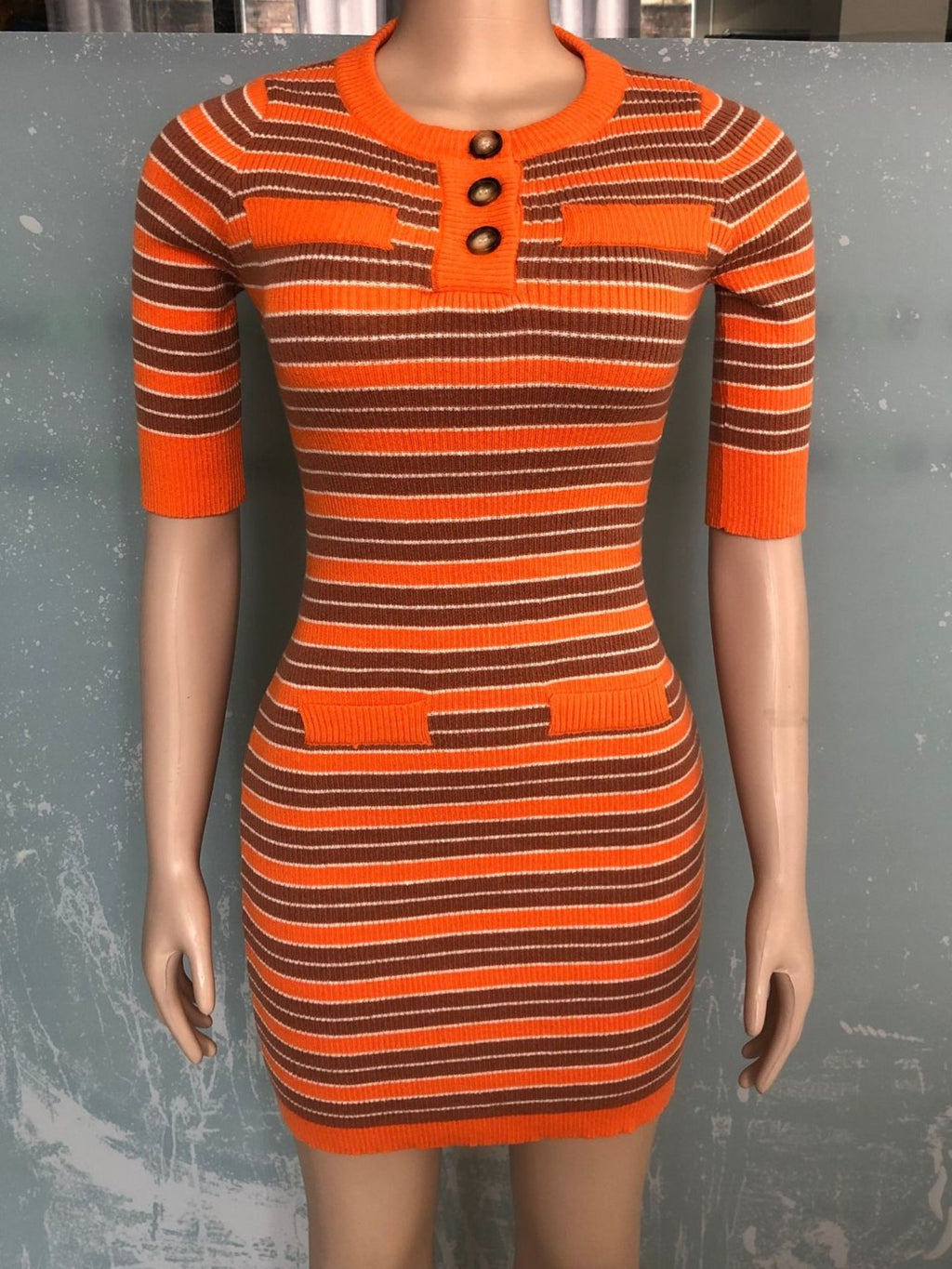 Ribbed Stripe Henley Neck Bodycon Mini Dress - Orange - 1