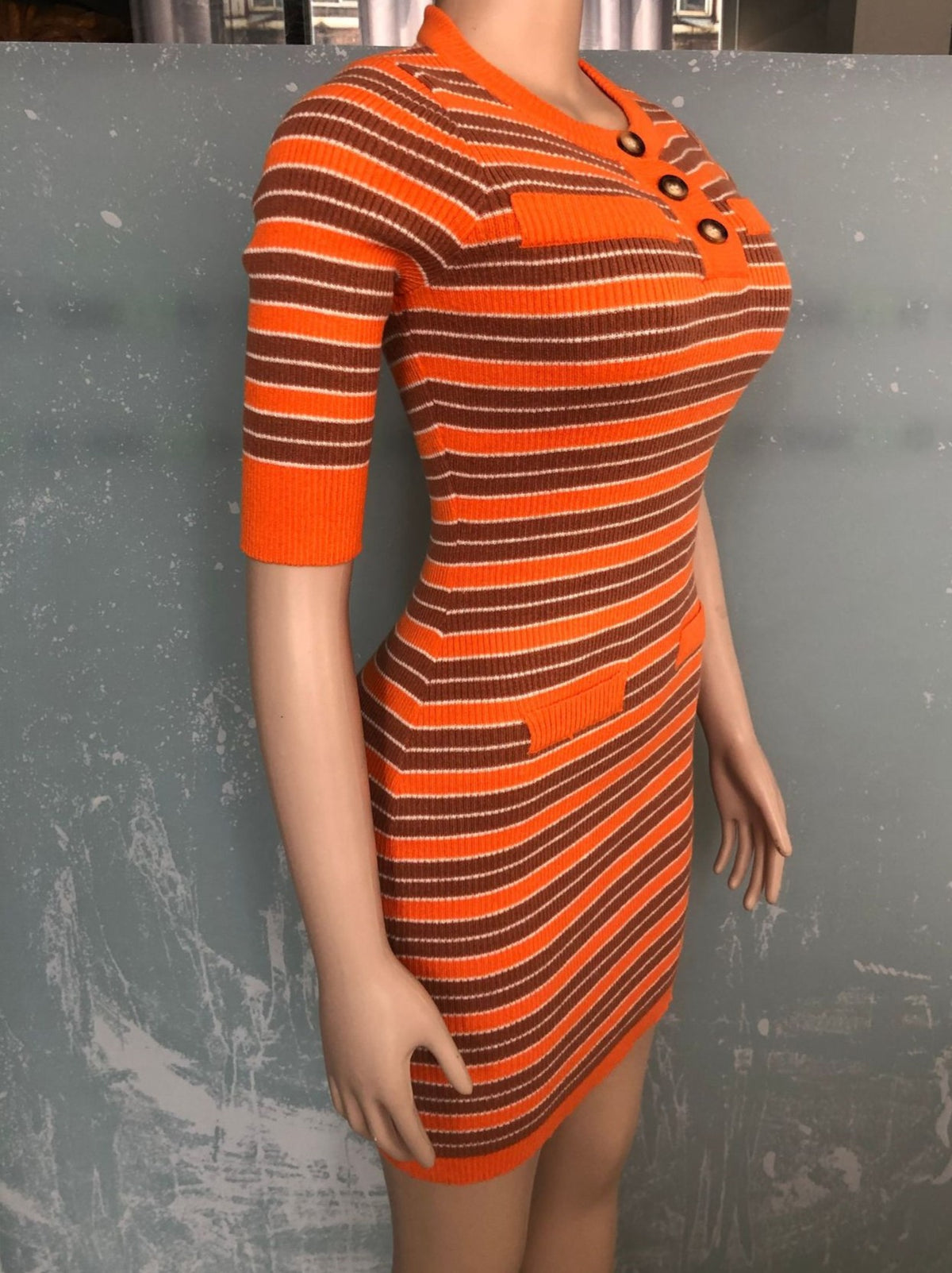Ribbed Stripe Henley Neck Bodycon Mini Dress - Orange - 2