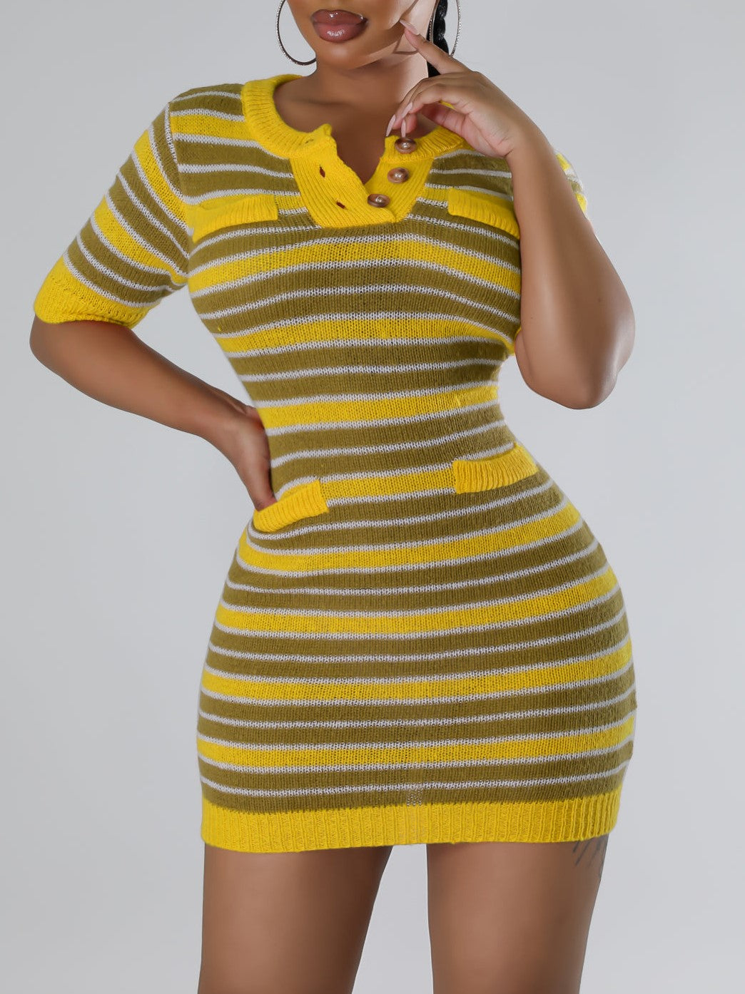 Ribbed Stripe Henley Neck Bodycon Mini Dress - Yellow - 1