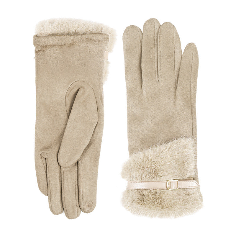 Faux Fur Cuff Buckle Winter Gloves - Beige