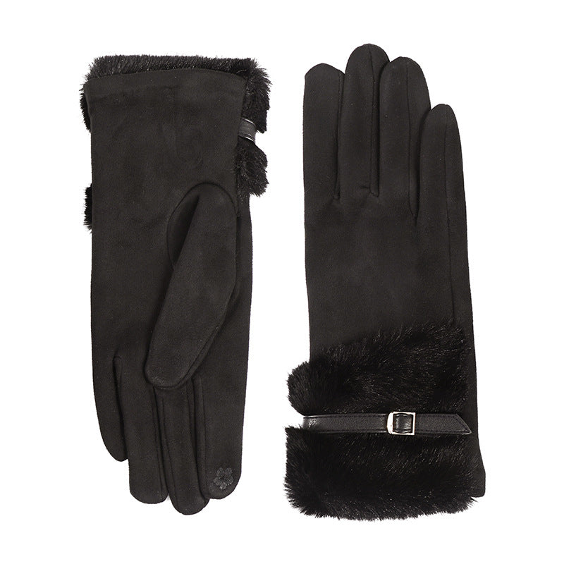 Faux Fur Cuff Buckle Winter Gloves - Black