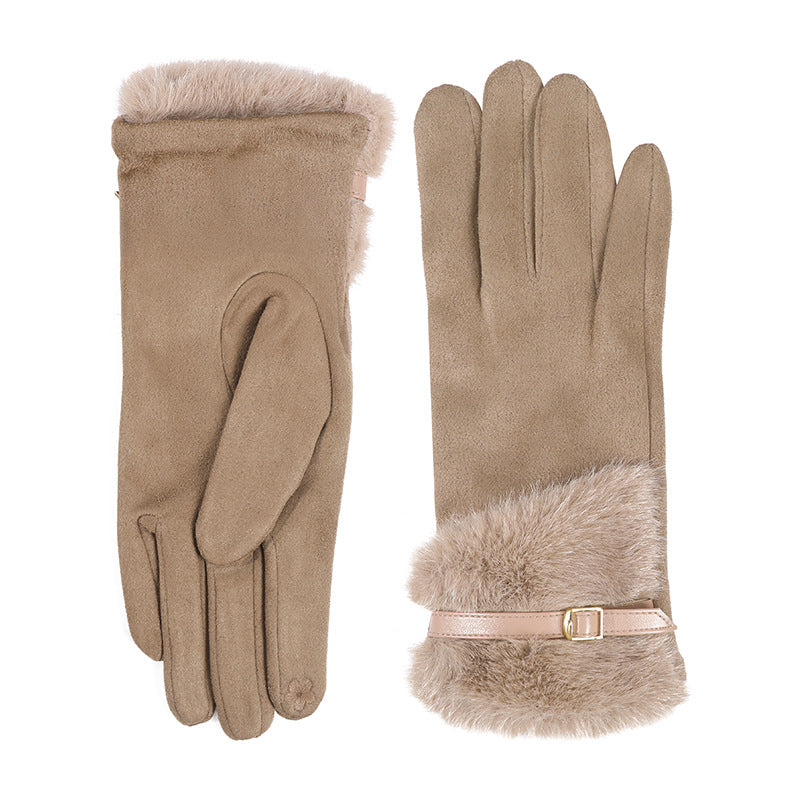 Faux Fur Cuff Buckle Winter Gloves - Brown
